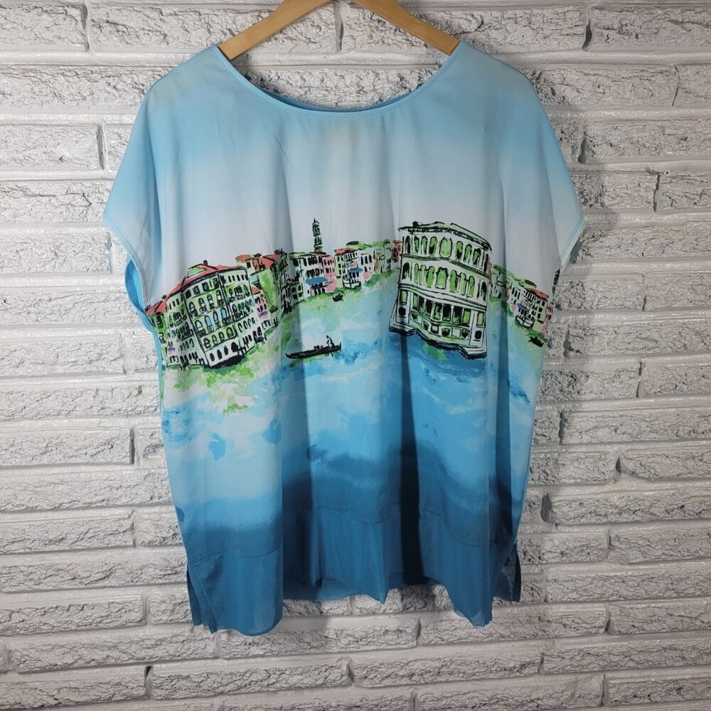 Ruby Rd XL Blue Venice Cityscape Print Sleeveless Top Round Neck Stretch NOV85E